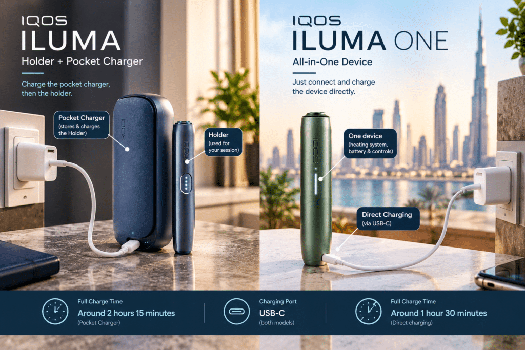 IQOS ILUMA and ILUMA ONE charging setup comparison