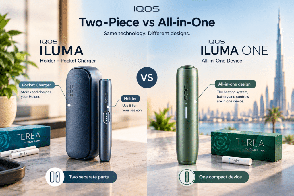 IQOS ILUMA Holder and Pocket Charger compared with ILUMA ONE all-in-one device in dubai