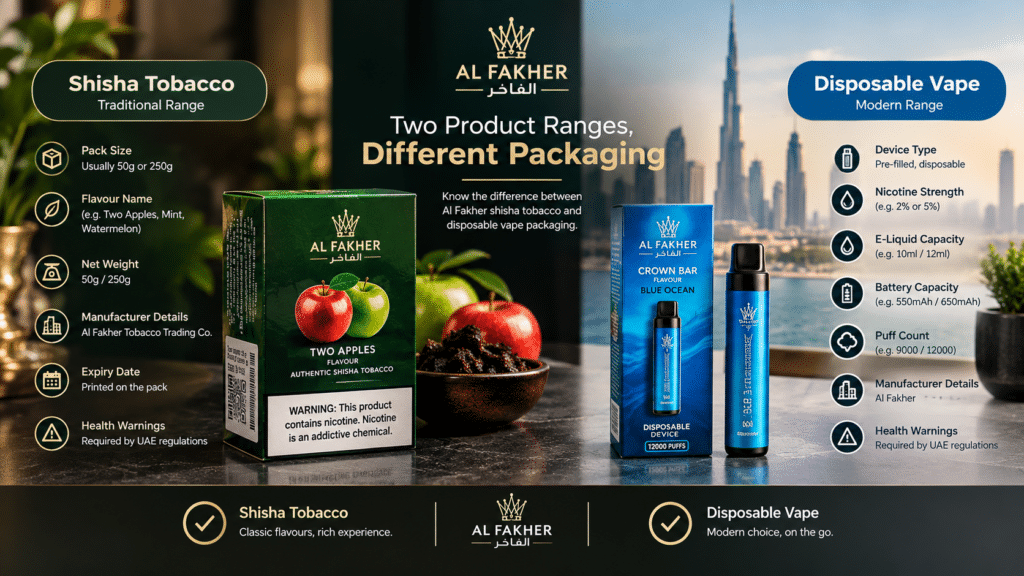 Al Fakher shisha tobacco and disposable vape packaging comparison