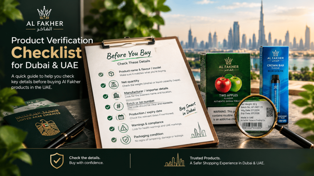 Al Fakher product packaging verification checklist for Dubai UAE