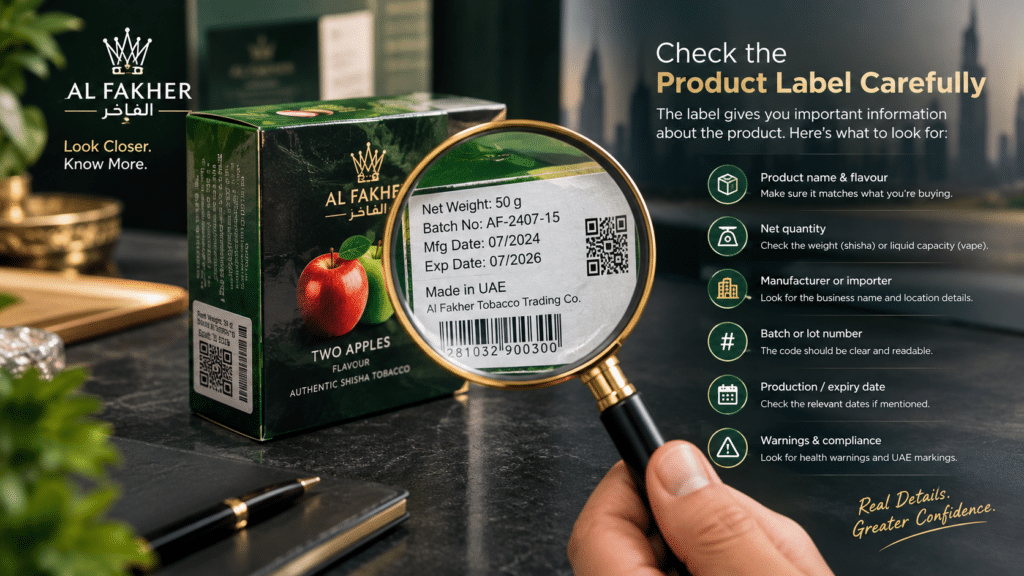 Al Fakher packaging label inspection guide showing product name, batch number and manufacturer details